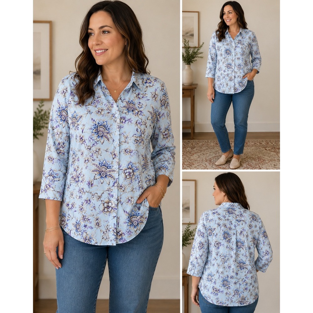 Cupio Button Down Shirt Floral‎ Recycled Polyester Boho Light Blue XL